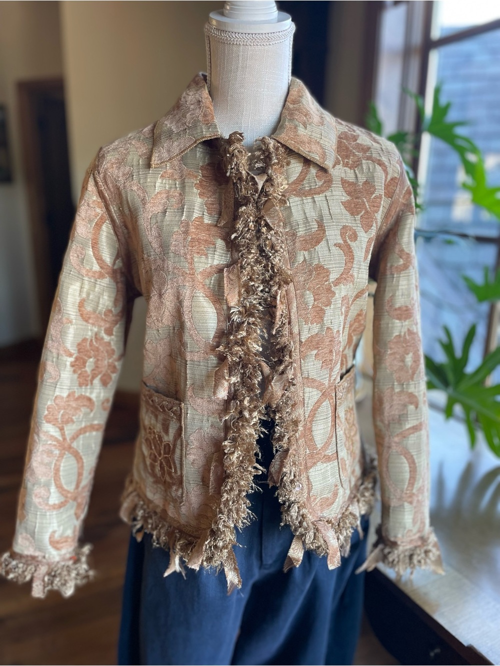 Vintage Yak Magik Brocade Jacquard Reversible Art to Wear Fringe Trim Jacket S